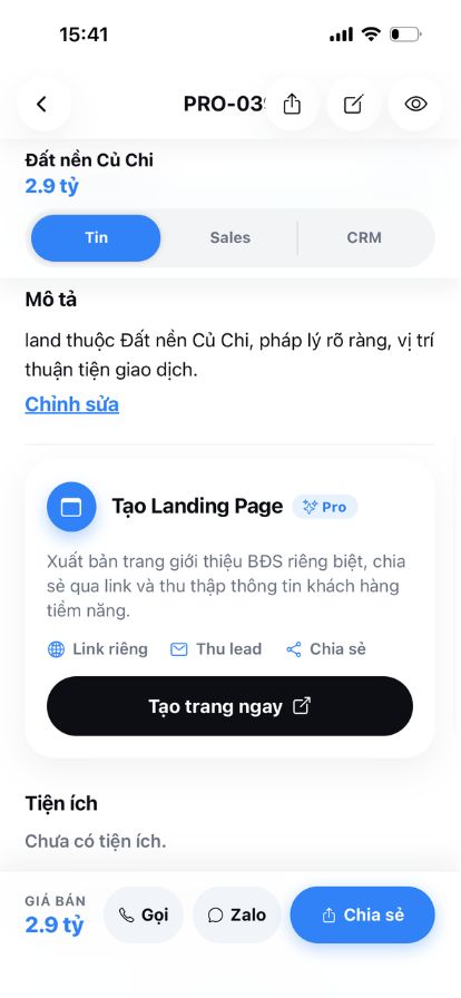 Chi tiết tin BĐS và chia sẻ Landing Page