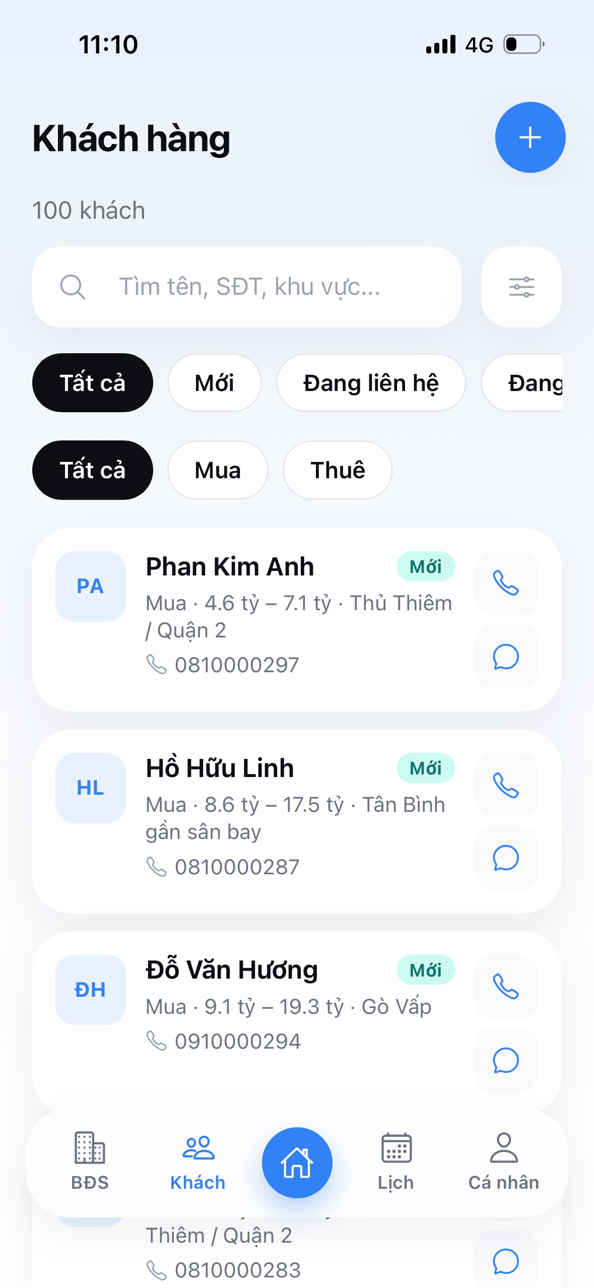 Danh sách lead trên Linkle Property CRM